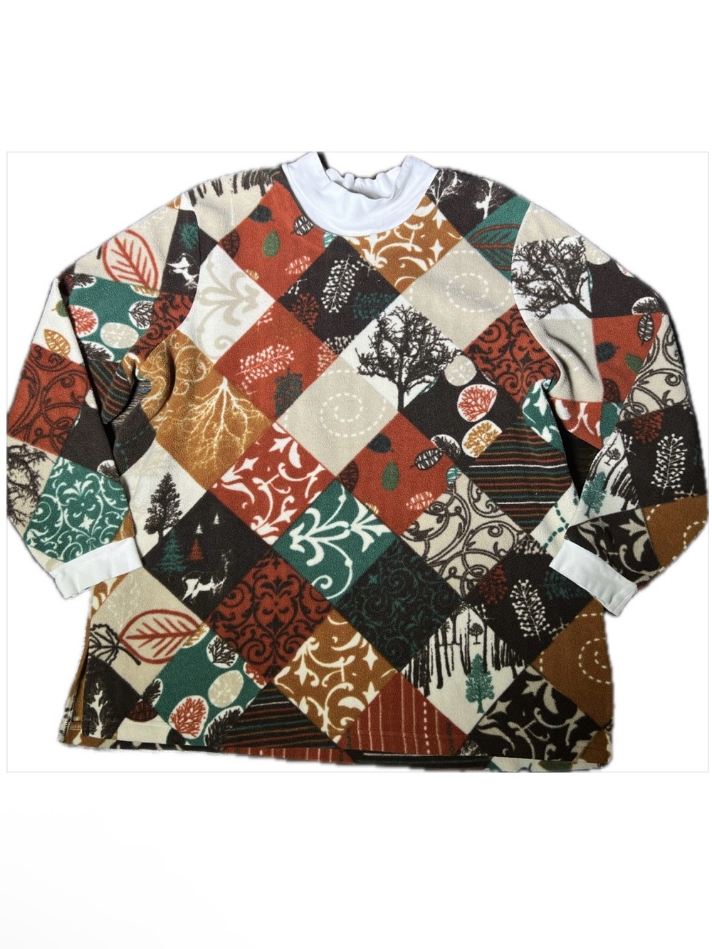Blair Fleece Autumn Patchwork Print Pullover Sweatshirt White Mockneck Collar XL